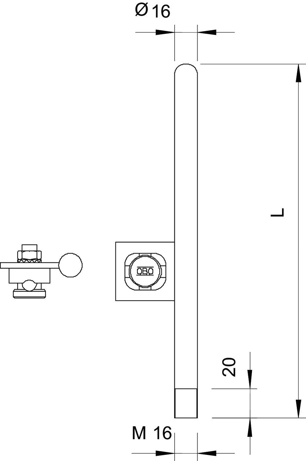 Dessin technique d'un objet cylindrique avec indication de diamètre Ø16 et annotations de longueur L et M16.