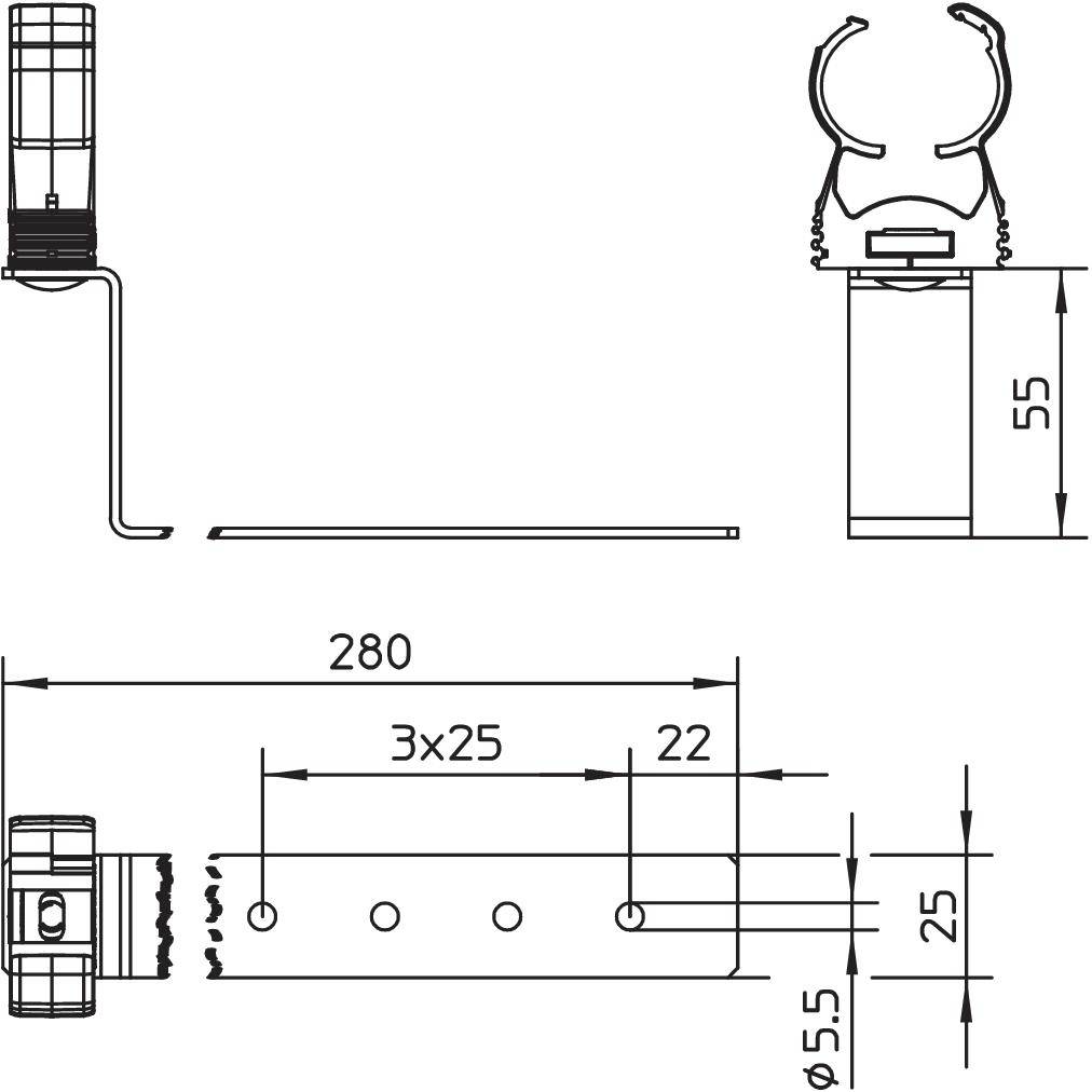 Dessin technique d'un support avec dimensions : Hauteur 55 mm, Largeur 25 mm, Longueur 280 mm. Détails des perçages et de la construction du support.