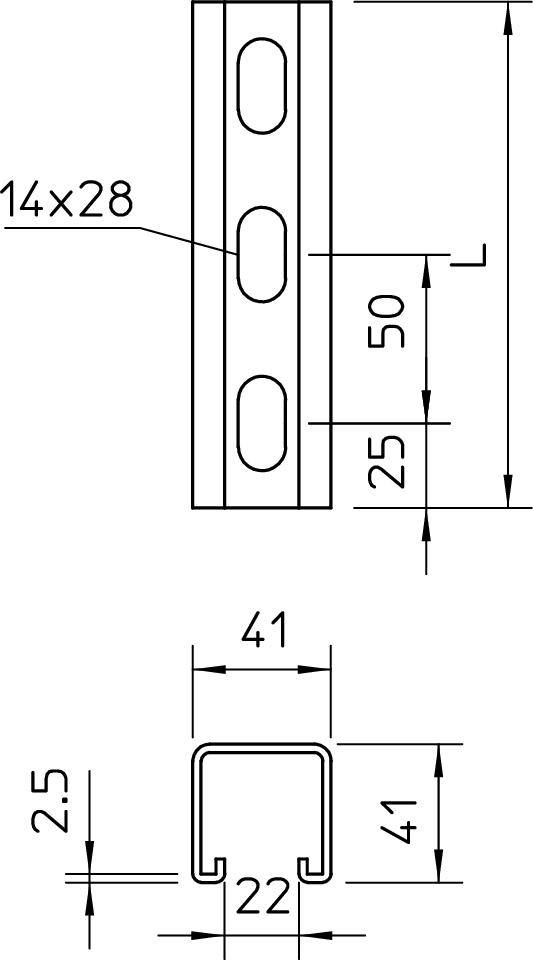Dessin technique d'un profilé métallique en U. Vues et dimensions : Supérieur 14x28, Hauteur 50, Largeur intérieure 22, Largeur extérieure 41, Épaisseur de paroi 2,5.