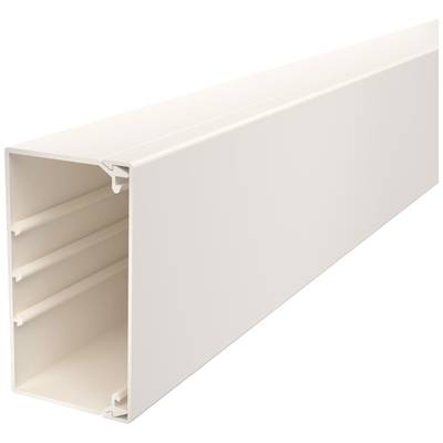 L'image montre une goulotte de câbles rectangulaire en plastique blanc, utilisée pour l'acheminement ordonné et la protection des câbles.