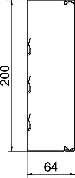 Dessin technique d'un composant rectangulaire de dimensions 200 x 64 avec plusieurs points de fixation sur les côtés longs.