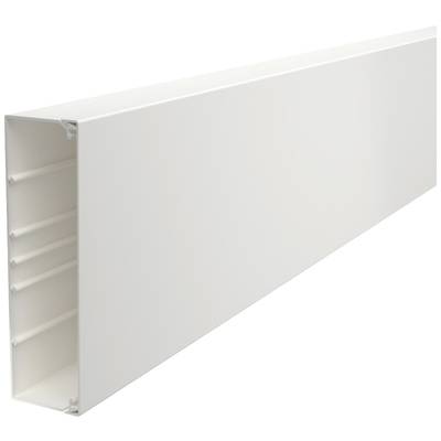 Long, rectangulaire, profil de goulotte de câbles blanc avec des nervures sur le côté. Adapté pour le câblage électrique encastré.