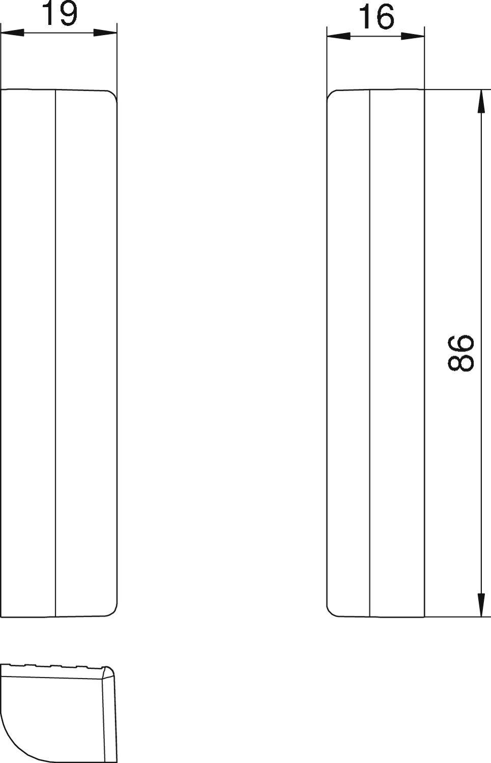 Dessin technique d'un objet rectangulaire aux dimensions de 86 mm de longueur, 19 mm de largeur et 16 mm de hauteur. Vue latérale et coupe transversale représentées.