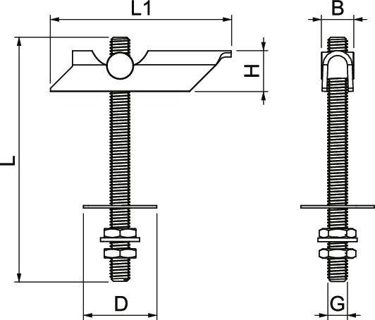 Dessin technique d'un dispositif de fixation avec les dimensions L, L1, H, B, D et G, montrant la vis et les composants de support en vue de face et de côté.