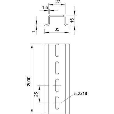 Dessin technique d'un profilé métallique avec dimensions détaillées : longueur 2000 mm, largeur 35 mm, hauteur 15 mm, trous de 5,2 x 18 mm.