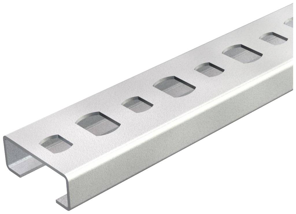 Profilé métallique avec des trous rectangulaires, souvent utilisé pour le guidage de câbles ou la fixation dans des projets de construction.