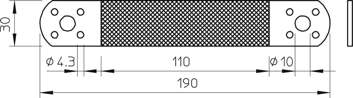 Dessin technique d'une pièce rectangulaire avec les dimensions suivantes : largeur 30 mm, longueur 190 mm, perçages de diamètres 4,3 mm et 10 mm.
