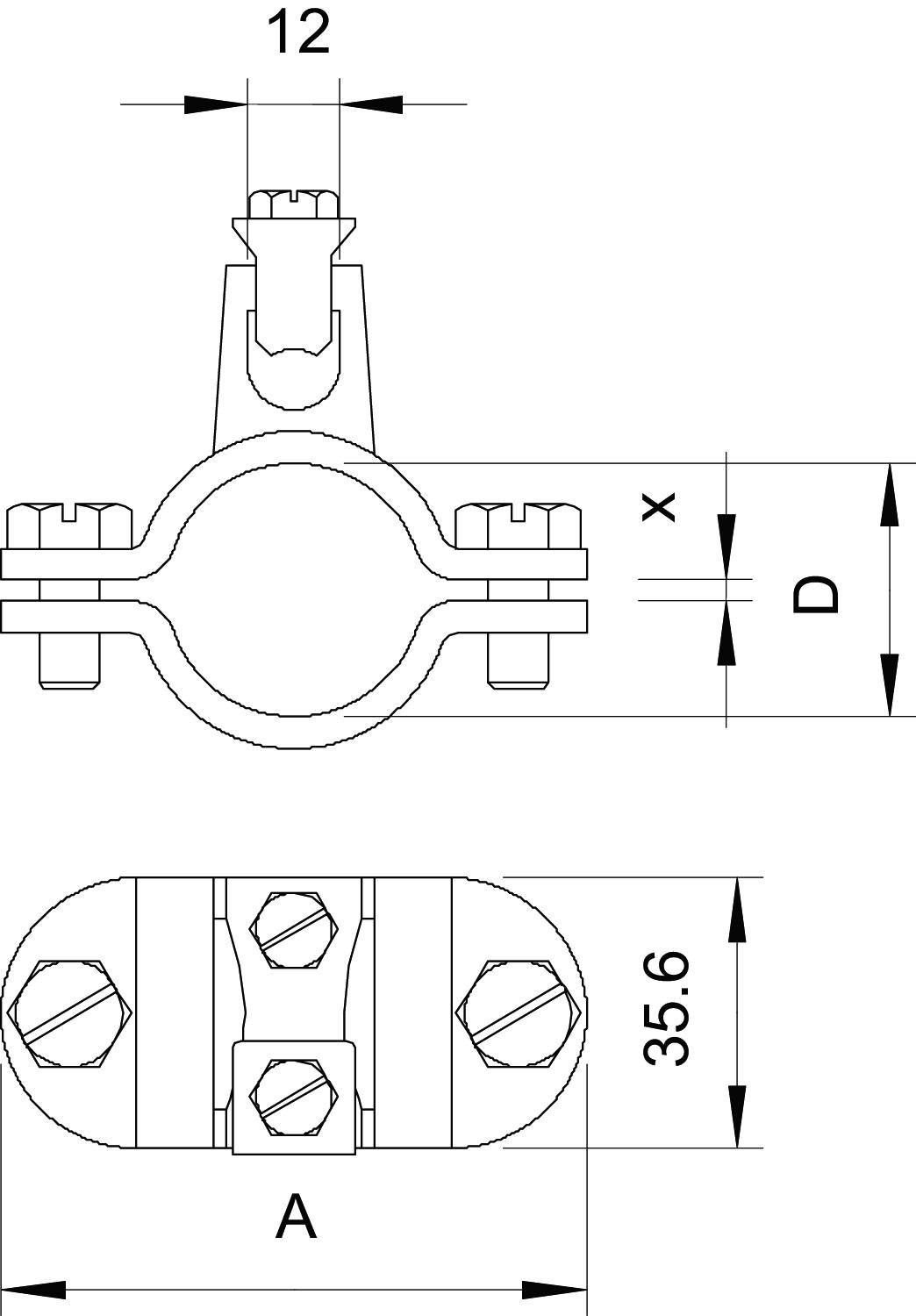 Dessin technique d'un collier de serrage de tuyau avec dimensions. Montre le diamètre, les largeurs (12, 35,6) et la hauteur (D) du collier. Vue des vis en haut.