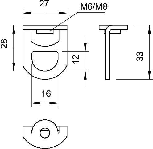 Dessin technique d'un composant avec dimensions : hauteur 28 mm, largeur 27 mm, profondeur 33 mm, taille de perçage M6/M8, autres dimensions 12 mm et 16 mm.
