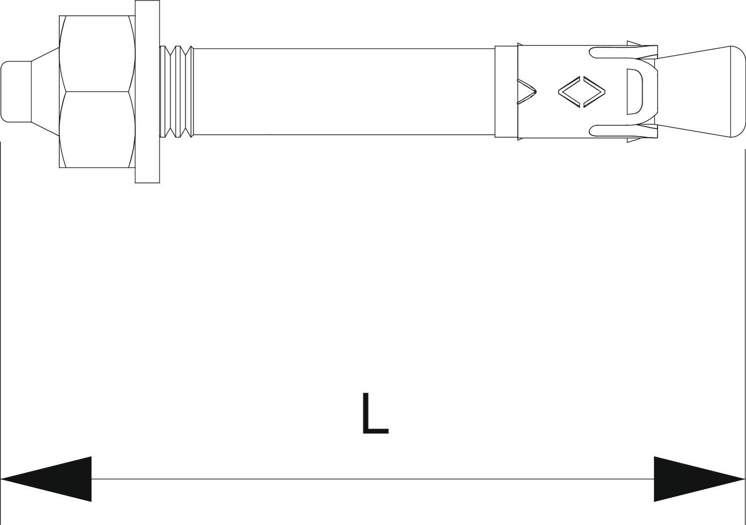 Dessin technique d'un ancrage de fixation avec dimensions, montrant la longueur 'L' indiquée par des doubles flèches, flanquée d'écrous et de filetage de vis.