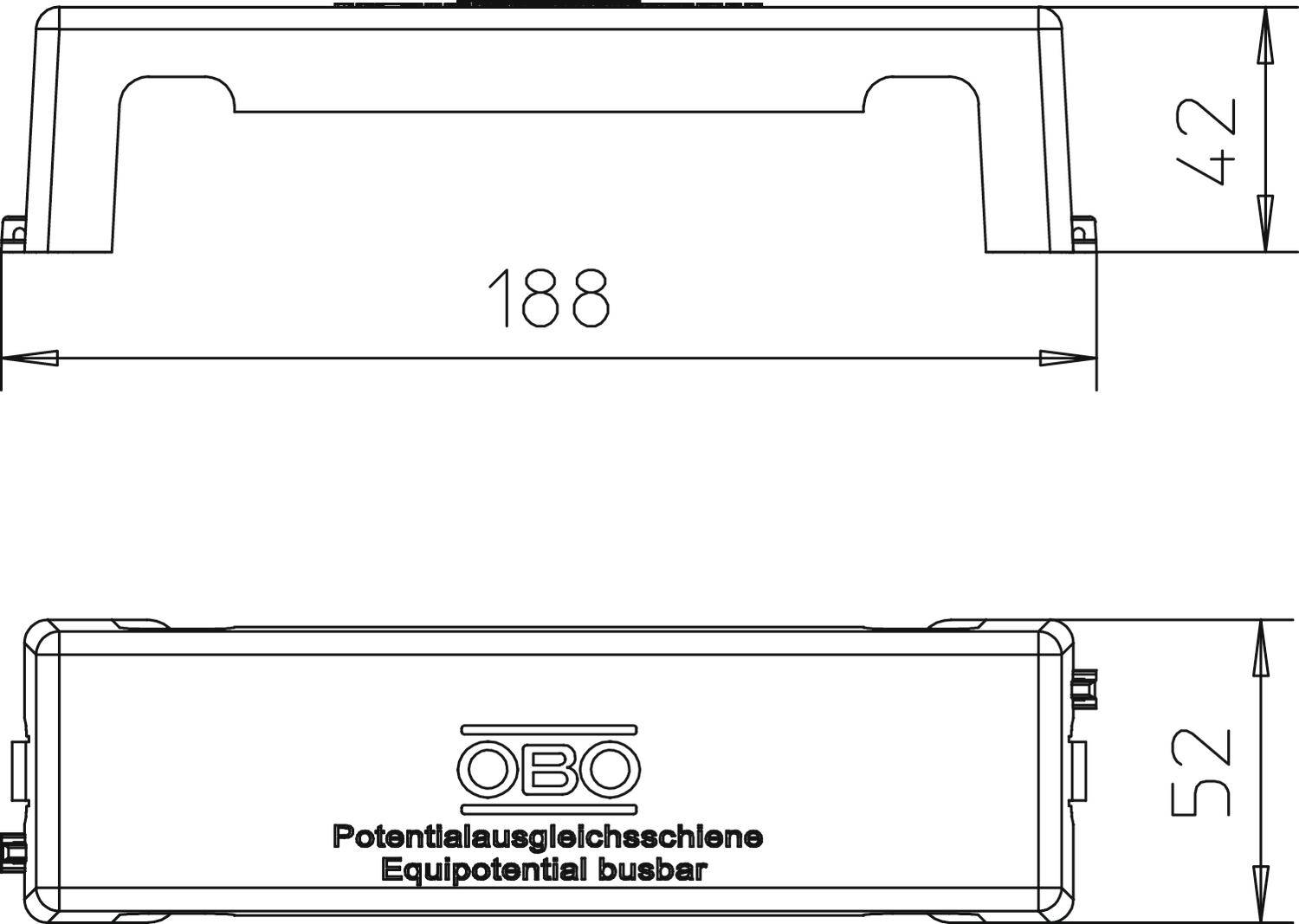 Dessin technique d'une barre de compensation de potentiel avec les dimensions suivantes : largeur 188 mm, hauteur 42 mm en haut, 52 mm en bas.