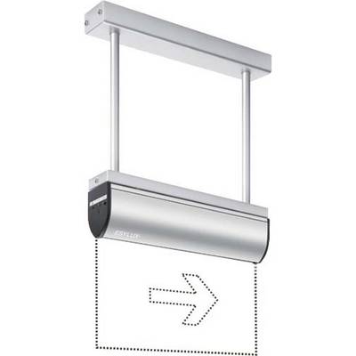 Store électrique avec flèche indiquant la direction descendante. Boîtier argenté avec deux tiges de guidage verticales.