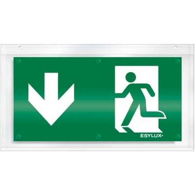 Panneau de sortie de secours vert avec une flèche blanche orientée vers le bas et une personne en mouvement, indiquant la direction de l'évacuation.