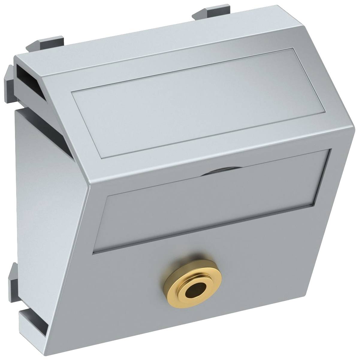 Prise murale rectangulaire argentée avec une connexion dorée en bas. Adaptée pour une installation murale.