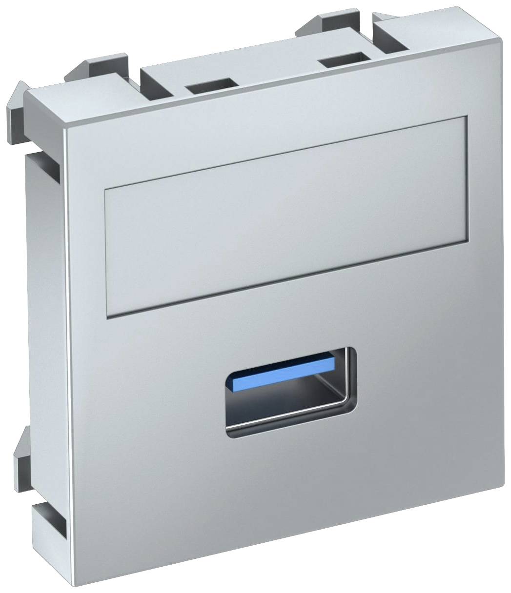 Un insert métallique rectangulaire avec une petite encoche rectangulaire dans la partie inférieure, adapté pour le montage dans des boîtiers de modules.