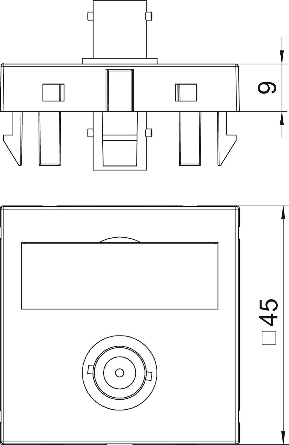 Dessin technique d'un interrupteur rectangulaire avec des dimensions de 9 mm et 45 mm. Broches de connexion en haut, bouton en bas.