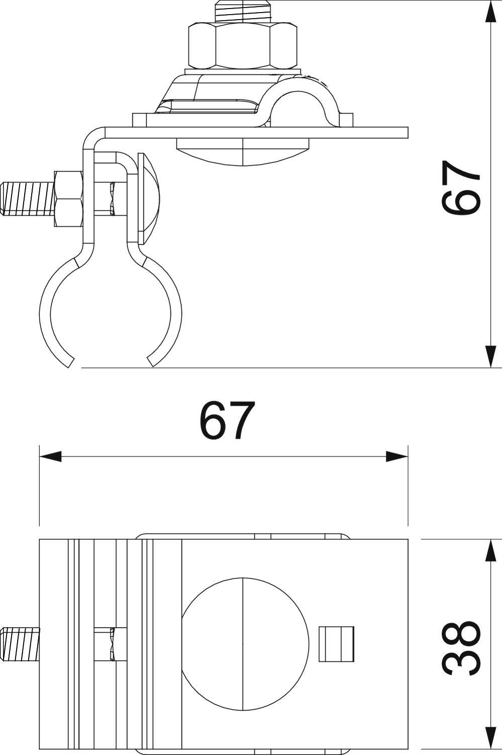 Dessin technique d'une structure de collier de serrage de tuyau avec un mécanisme à ressort, vue détaillée des dimensions : hauteur 67 mm, largeur 67 mm.
