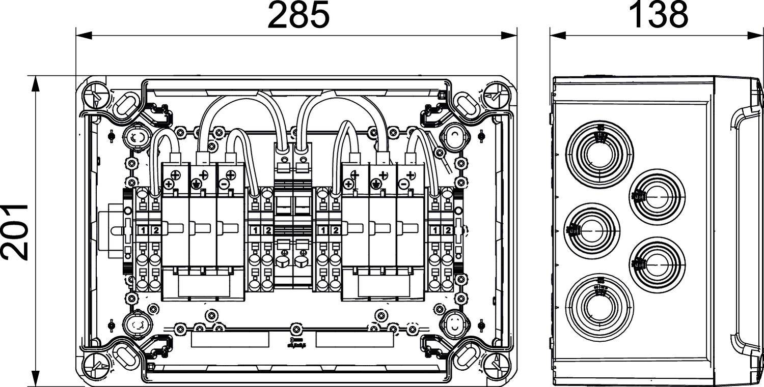 Dessin technique d'un interrupteur électrique avec dimensions : largeur 285 mm, hauteur 201 mm, profondeur 138 mm. Vue de dessus et vue latérale.