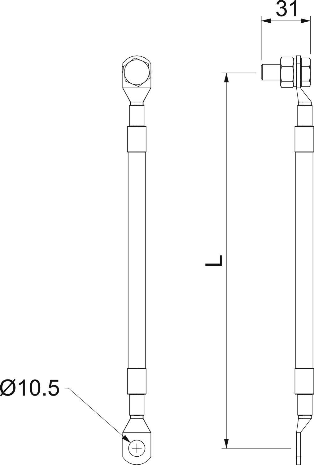 Dessin technique d'une tige avec dimensions : diamètre 10,5 mm, longueur "L", et un élément de jonction de 31 mm de long.