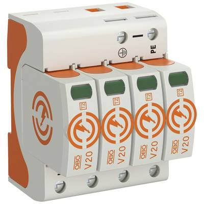 Un dispositif de protection contre les surtensions modulaire avec quatre modules enfichables oranges, adapté à la protection des installations électriques contre les surtensions.