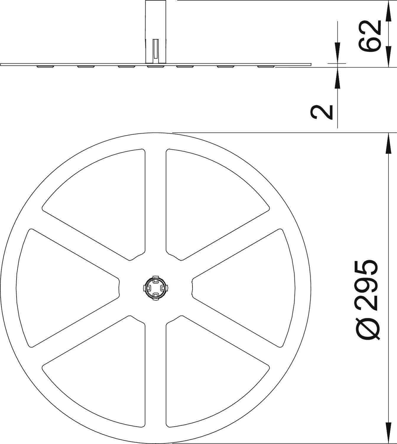 Dessin technique d'une grille de ventilation ronde de 295 mm de diamètre et 62 mm de hauteur, avec coupe transversale et vue de dessus.