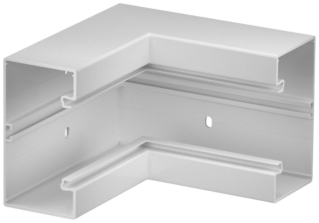 Raccord en plastique blanc, rectangulaire, pour goulottes de câblage. Il possède des ouvertures rectangulaires et permet de guider les câbles autour des angles.