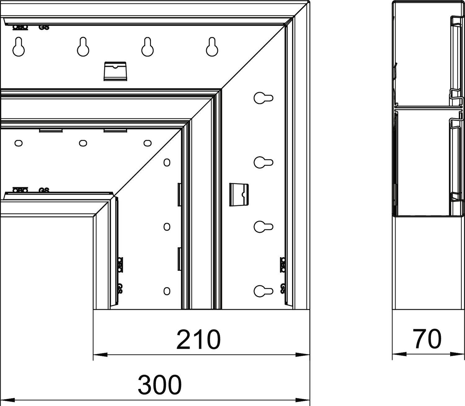 Dessin technique d'un profilé métallique avec dimensions : largeur 300 mm, hauteur 210 mm, profondeur 70 mm. Points de fixation et angles de montage indiqués.