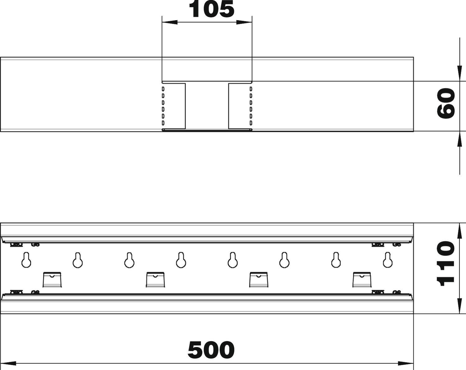 Dessin technique d'un composant rectangulaire avec dimensions : En haut 105x60, en bas 500x110. Montre les positions des perçages et des points de fixation.