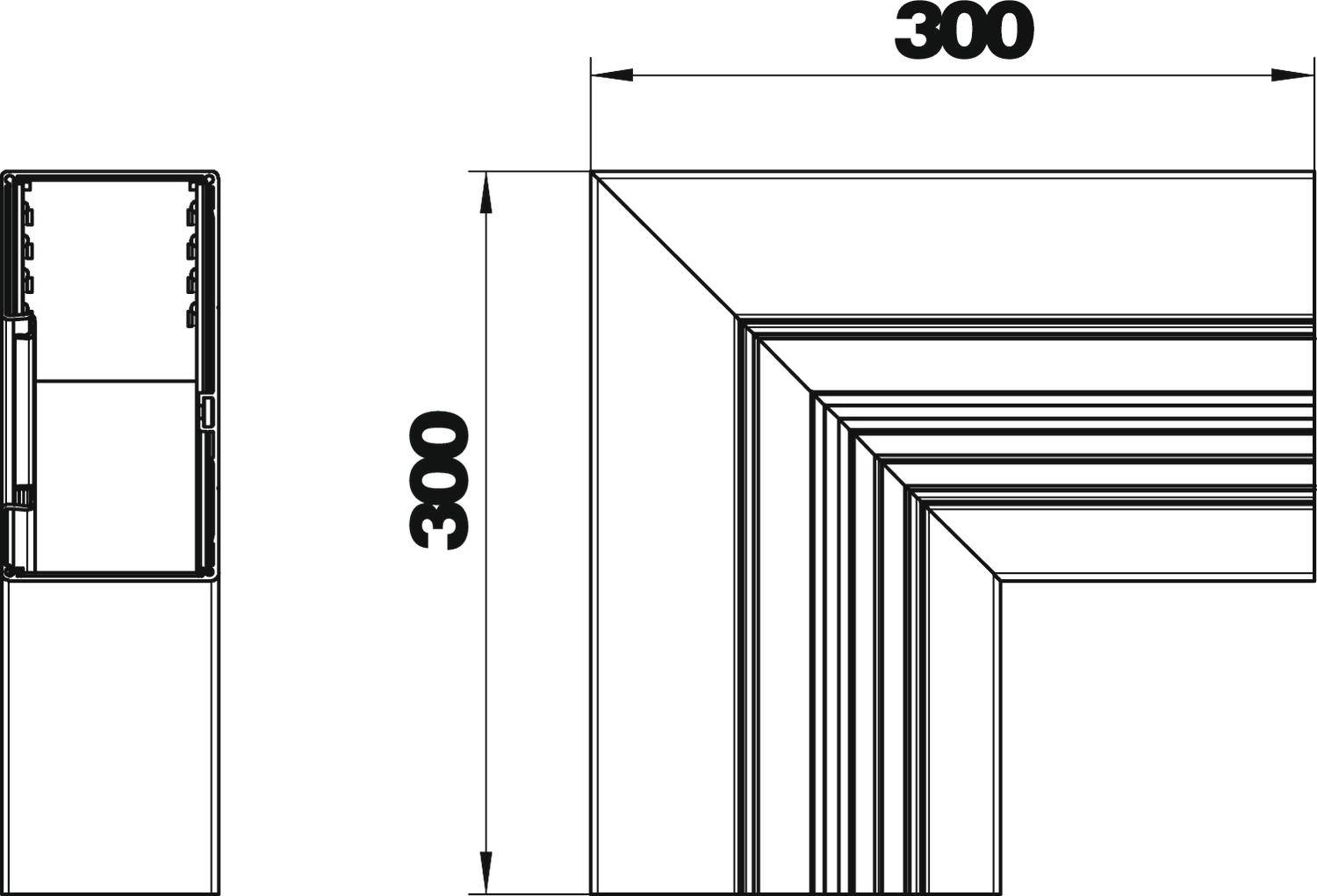 Dessin technique d'une élévation avec plusieurs rectangles décalés. Dimensions 300 x 300 sur les côtés extérieurs.