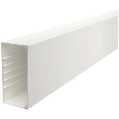 Un chenal de câbles rectangulaire blanc en plastique, ouvert sur l'avant, présentant des structures de nervures intérieures. Adapté pour la gestion des câbles.
