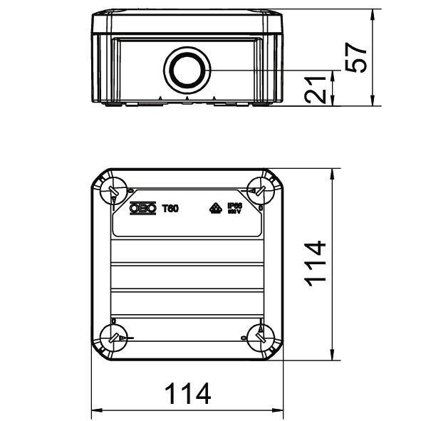 Dessin technique d'un dispositif rectangulaire avec les dimensions suivantes : 114 mm de largeur, 114 mm de hauteur, 57 mm de profondeur, avec une ouverture centrale.