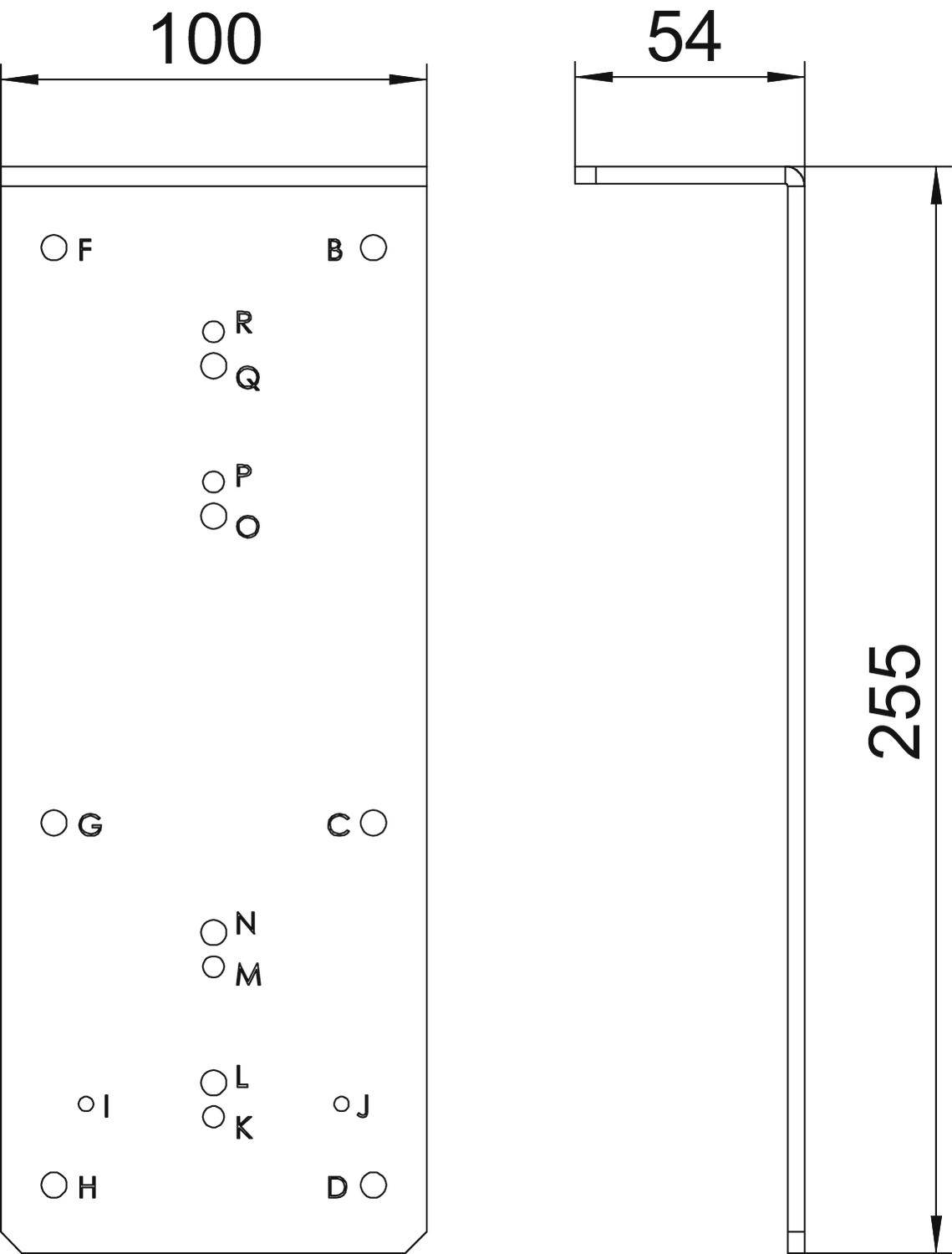 Dessin technique d'un équerre métallique avec les dimensions suivantes : 100 mm de largeur, 54 mm de hauteur, 255 mm de longueur. Les trous sont marqués avec les lettres de F à R.