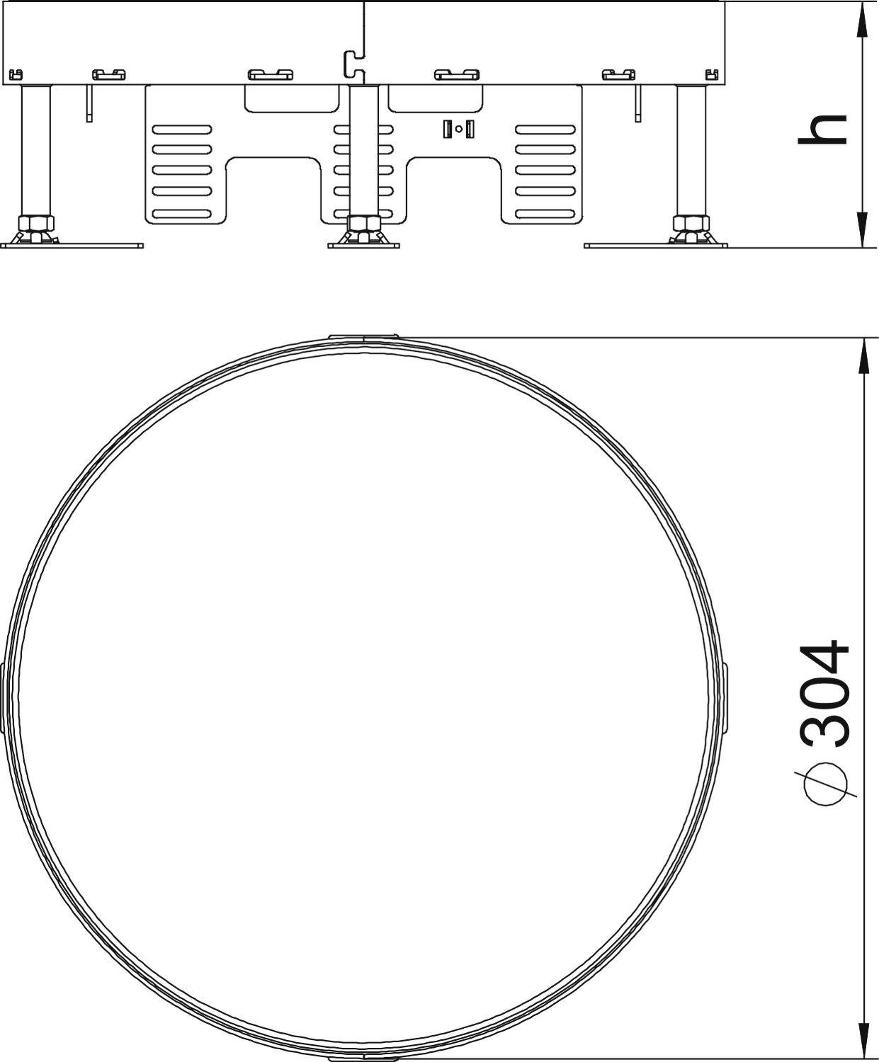 Dessin technique d'une grille de ventilation ronde de diamètre 'Ø 304' et de hauteur 'h'. En haut : Vue latérale ; en bas : Vue de dessus.