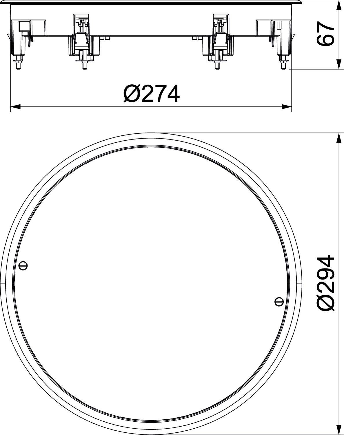 Dessin technique d'un plafonnier rond. Vue supérieure montrant deux dimensions : 67 mm de hauteur, 274 mm de diamètre. Vue inférieure montrant 294 mm de diamètre.