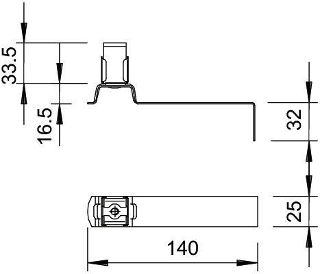 Dessin technique d'un composant avec indications dimensionnelles : Hauteur en haut 33,5, milieu 16,5, droite 32, largeur 140, hauteur en bas 25.