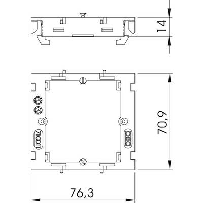 Dessin technique d'un composant électronique carré avec les dimensions suivantes : largeur 76,3 mm, hauteur 70,9 mm, profondeur 14 mm.