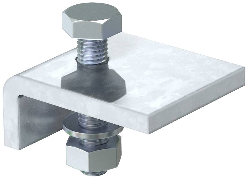 Un équerre métallique en L avec deux vis et écrous. L'équerre sert à fixer ou à soutenir des structures.