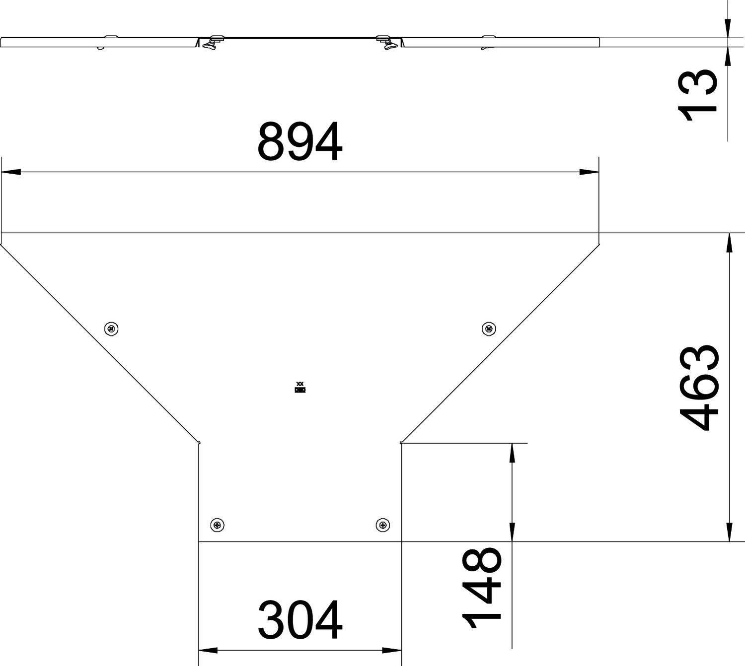 Dessin technique d'un conduit de ventilation avec les dimensions suivantes : largeur 894 mm, hauteur 463 mm, largeur d'ouverture inférieure 304 mm, profondeur 13 mm.