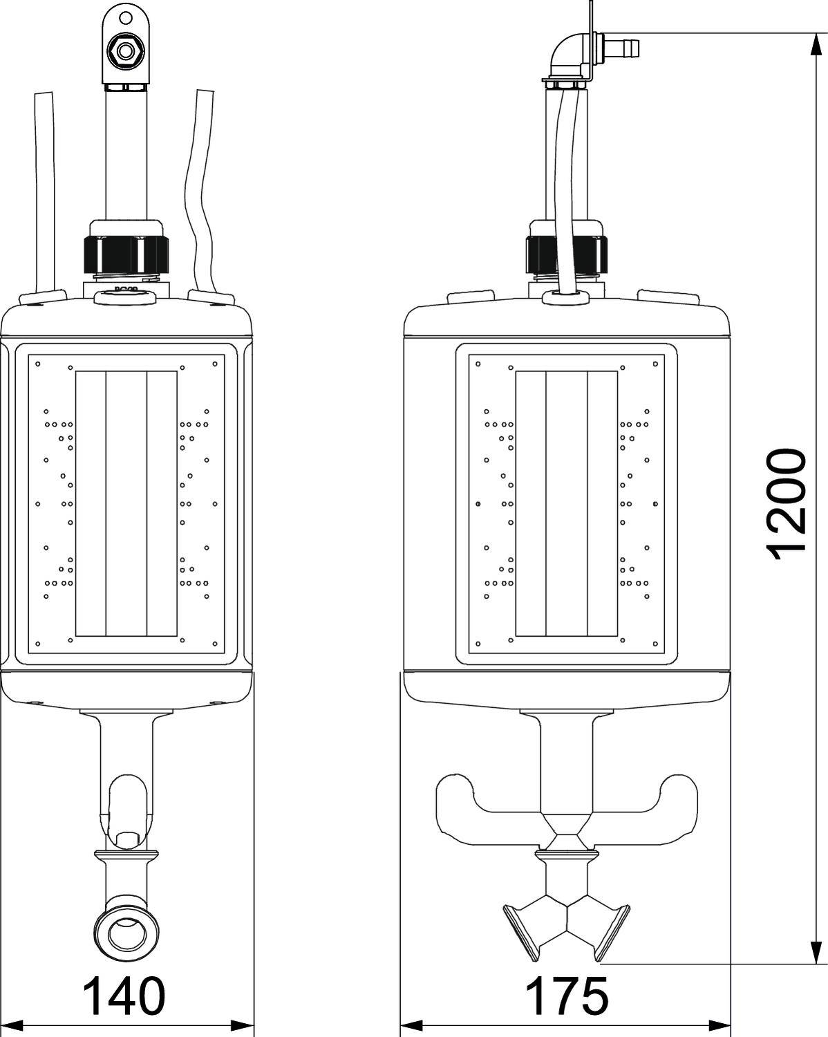 Dessin technique d'un réservoir rectangulaire avec dimensions : 140 mm de largeur, 175 mm de profondeur, 1200 mm de hauteur. Comprend des tuyaux et des vannes.
