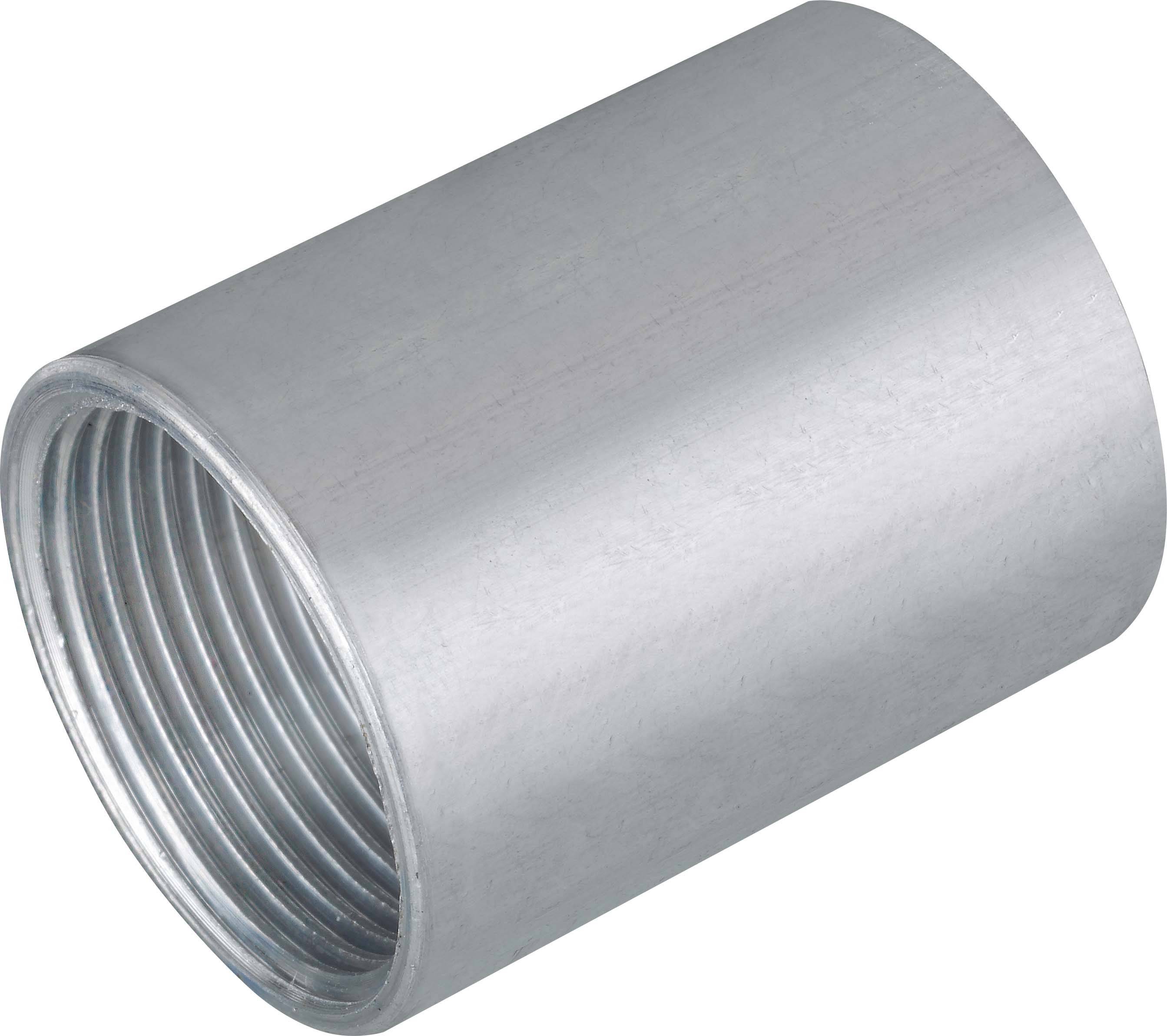 Tube métallique fileté, de couleur argent, de forme cylindrique.