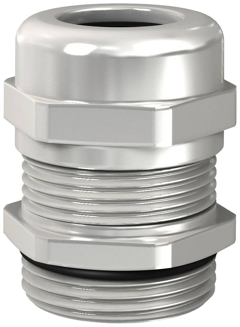 Presse-étoupe métallique en argent, de forme cylindrique filetée, utilisé pour fixer et étanchéifier les câbles dans les boîtiers.