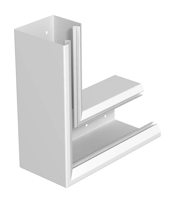Un élément d'angle en L blanc en plastique, utilisé comme raccord d'angle pour des panneaux ou des revêtements dans des projets de construction.