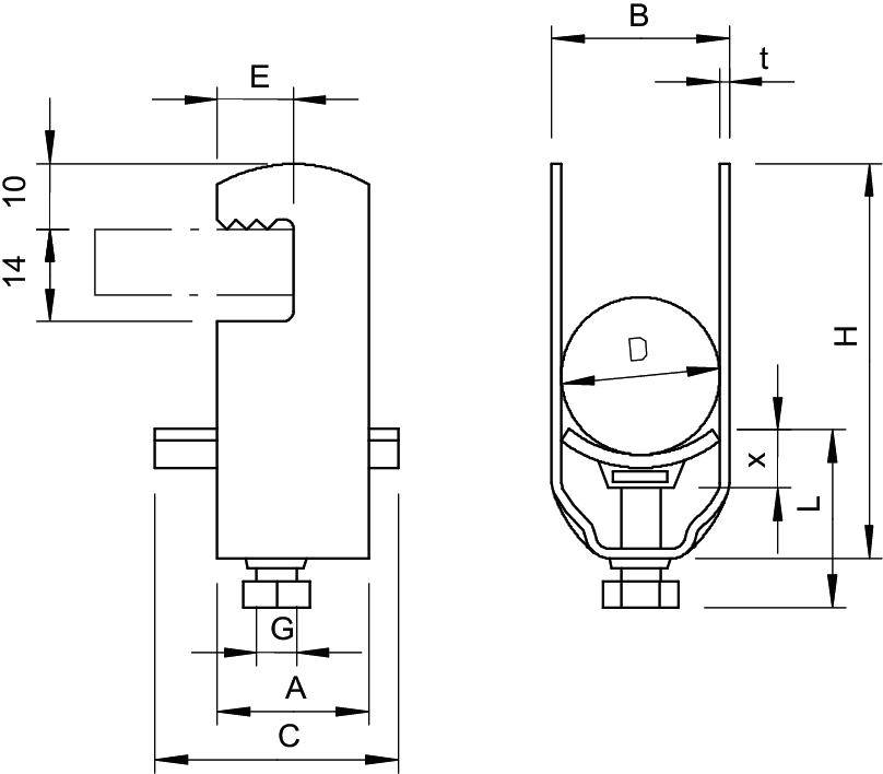 Dessin technique d'un support métallique en forme de U avec indications dimensionnelles. Présente les vues de face et de côté avec les repères A, B, C, D, E, G, H, t, x.