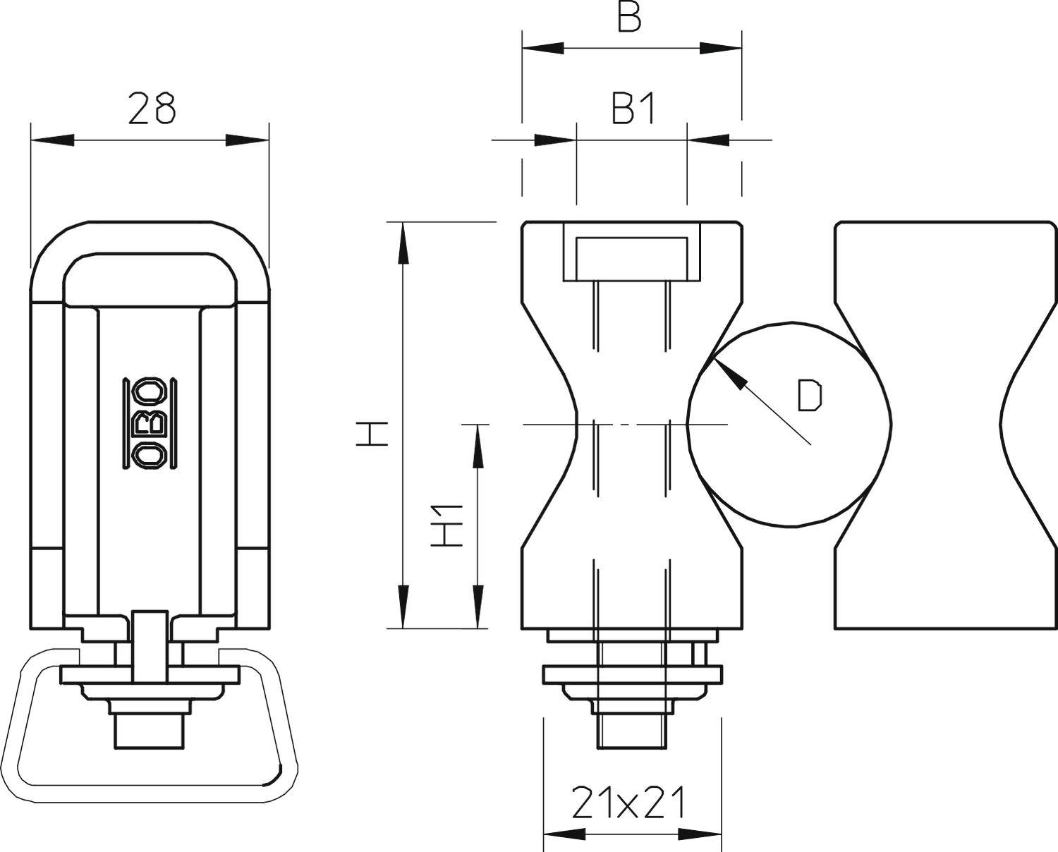 Dessin technique d'un clip de fixation OBO. Présente les dimensions : largeur 28, diamètre D et autres mesures B, B1, H, H1.