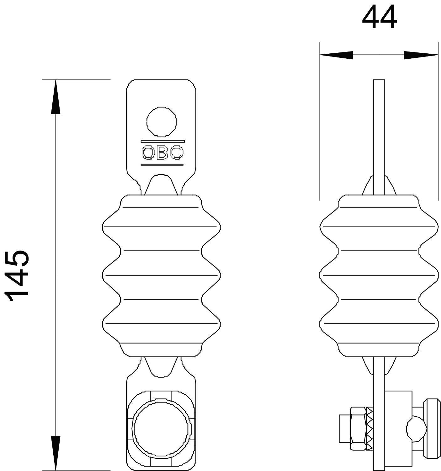 Dessin technique d'un parafoudre avec dimensions : hauteur 145 mm, largeur 44 mm. Présente des vues frontale et latérale.