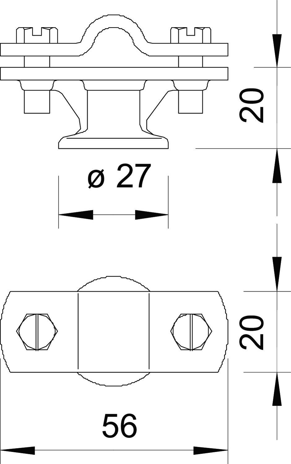Dessin technique d'un élément de fixation avec dimensions : diamètre 27 mm, hauteur 20 mm, largeur 56 mm. Indique les positions des vis.