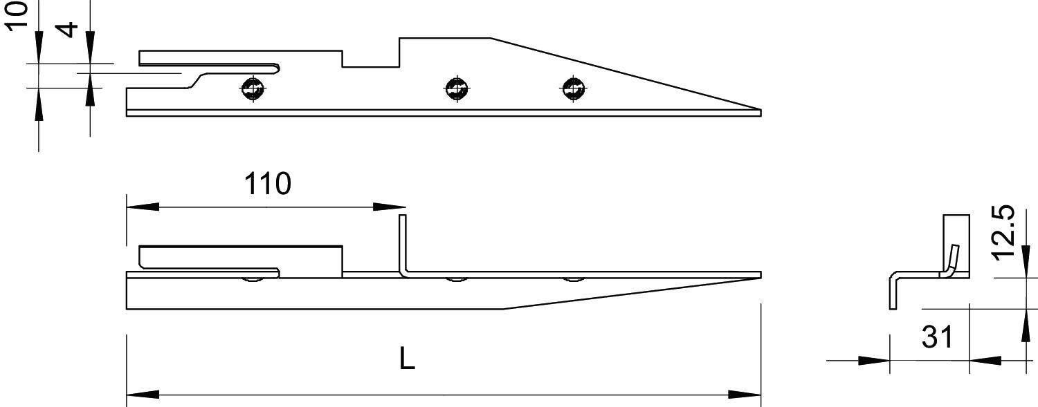 Dessin technique d'une pièce métallique avec dimensions. Vue latérale montrant la longueur L, largeur 110, hauteur 12,5. Boulonneries et proportions représentées.