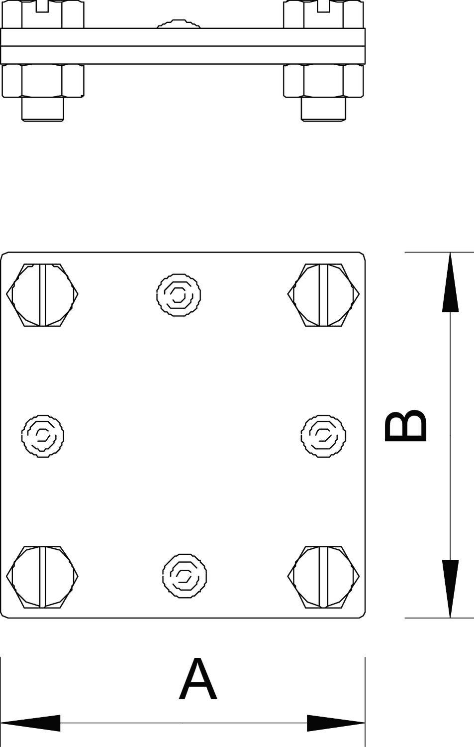 Dessin d'assemblage d'une plaque rectangulaire avec quatre vis aux coins et deux au centre. Les dimensions A et B sont indiquées.