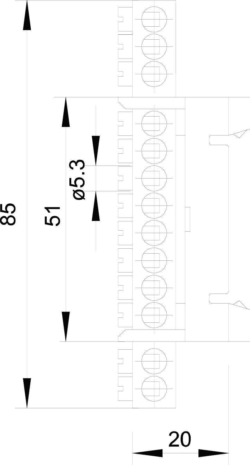 Dessin technique d'un composant rectangulaire avec les dimensions suivantes : longueur 85 mm, largeur 20 mm, diamètre du trou 5,3 mm.