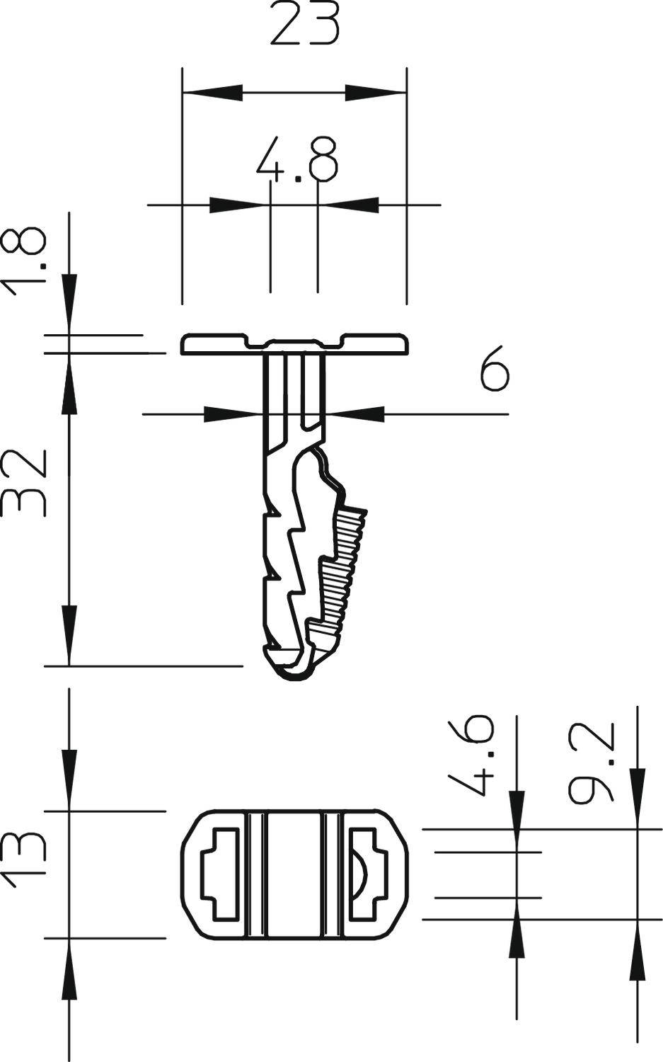 Dessin technique d'un clip avec dimensions : largeur 23 mm, hauteur 32 mm, profondeur 4,8 mm. Dimensions supplémentaires : 1,8 mm et 13 mm.